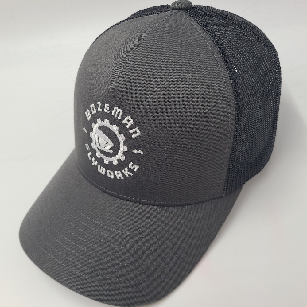 Bozeman FlyWorks Hat Snapback Trucker Mesh Gray White Fly Fishing Montana Men